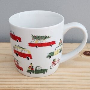 Ceramic Holiday Mug With Vintage Cars and Trucks With Trees and Presents